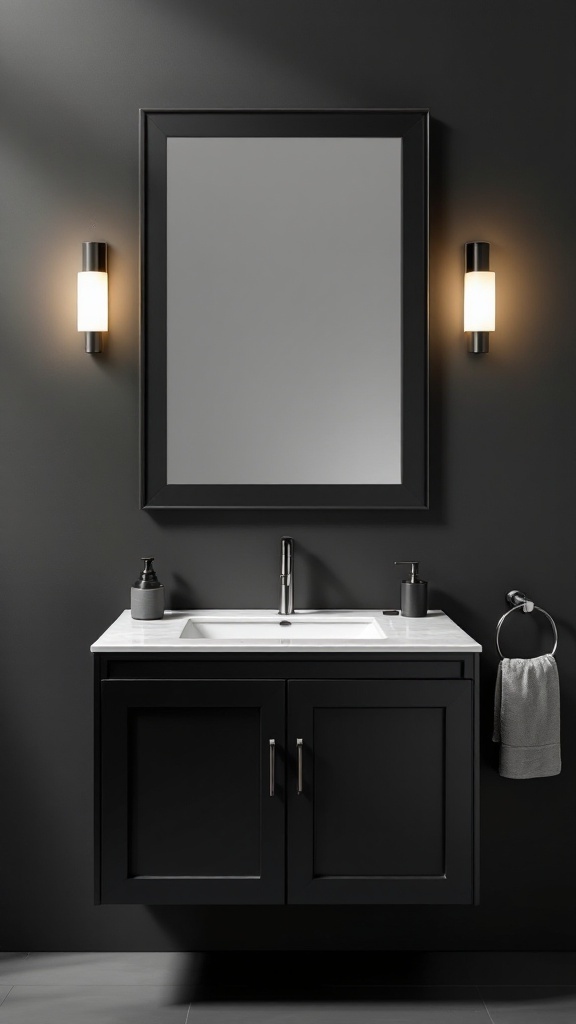 A modern black bathroom vanity with a white countertop, framed mirror, and stylish lighting.