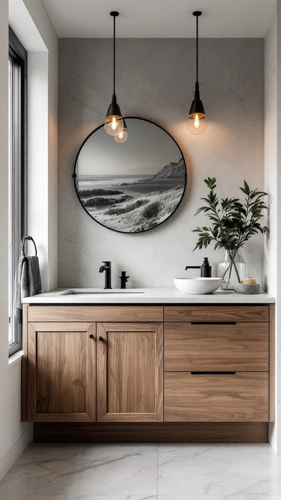 A modern bathroom featuring wooden cabinetry, black fixtures, and stylish decor.