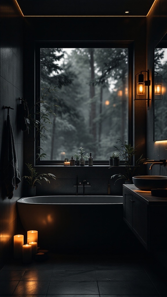 A stylish black and wood bathroom with candles, plants, and large windows