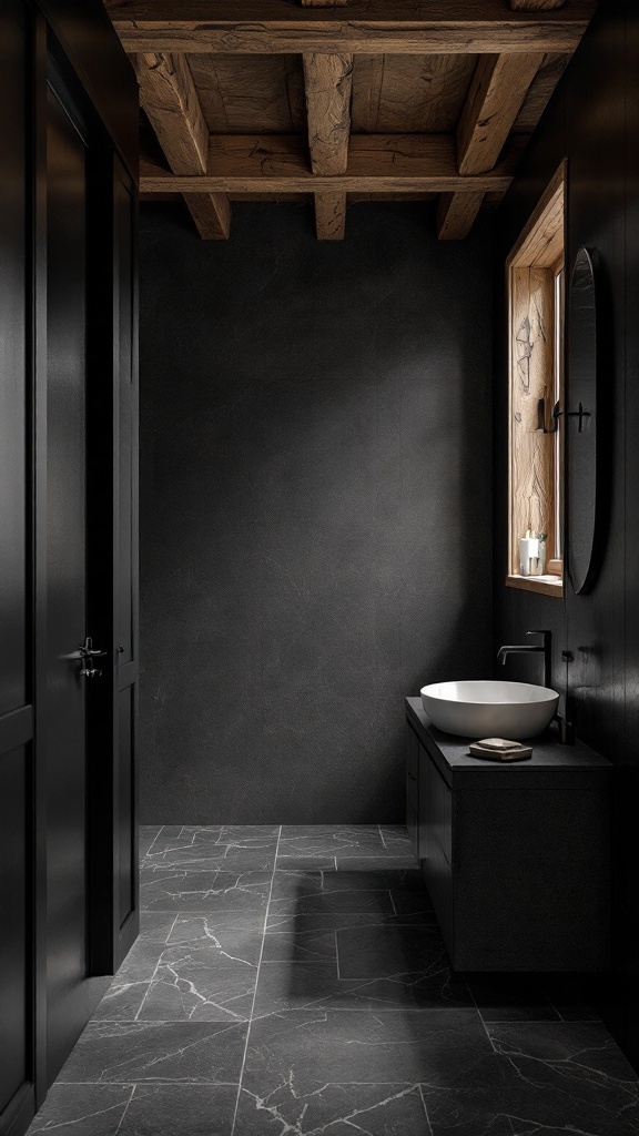 Bathroom with rustic wood beams, dark walls, and a modern sink