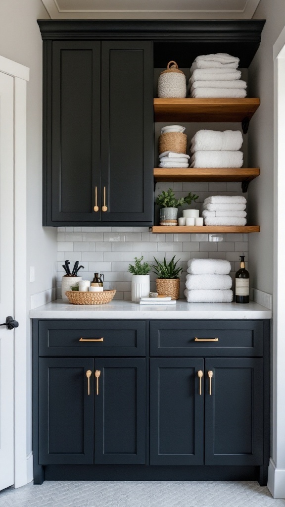 A modern bathroom storage setup featuring dark cabinets and wooden shelves arranged with towels and decor.