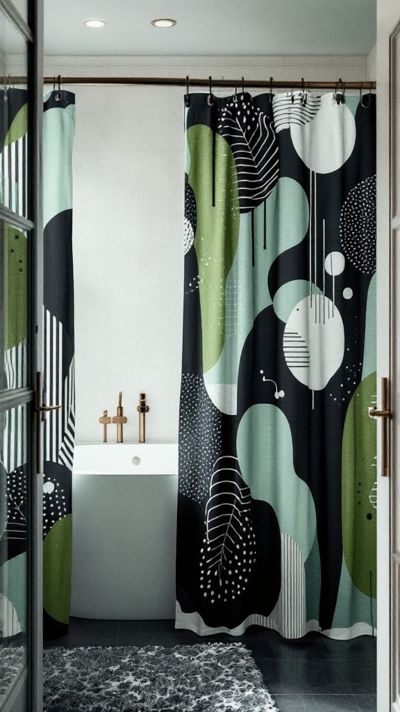 Artistic shower curtains in a green and black color scheme with geometric designs