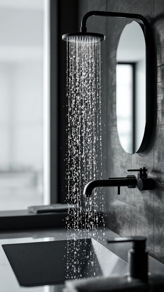 A modern bathroom featuring a black showerhead, faucet, and round mirror on a gray wall.