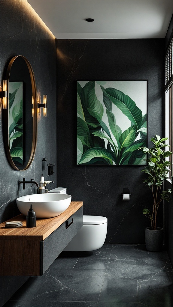 A modern bathroom featuring black walls, a round mirror, and a large green leaf painting.