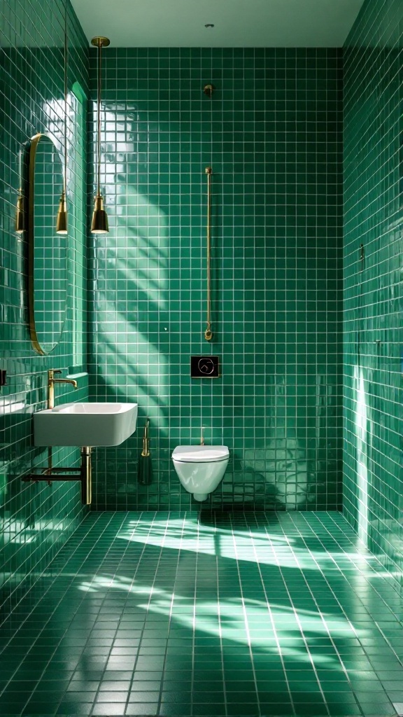 A bathroom featuring vibrant green tiles, gold fixtures, and a minimalist design.