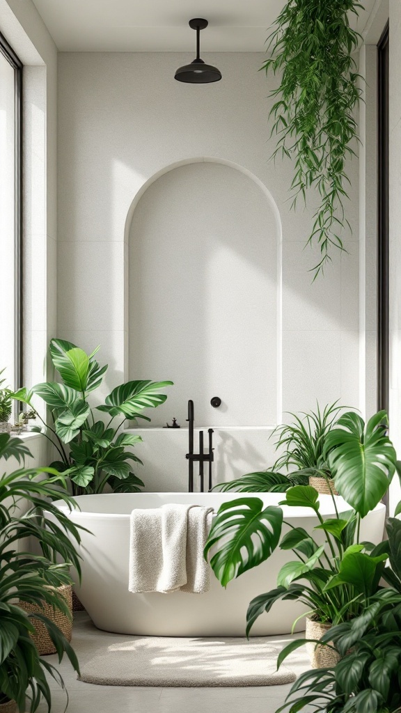 A bright bathroom featuring a white bathtub surrounded by various lush green plants, with a modern design and natural light.