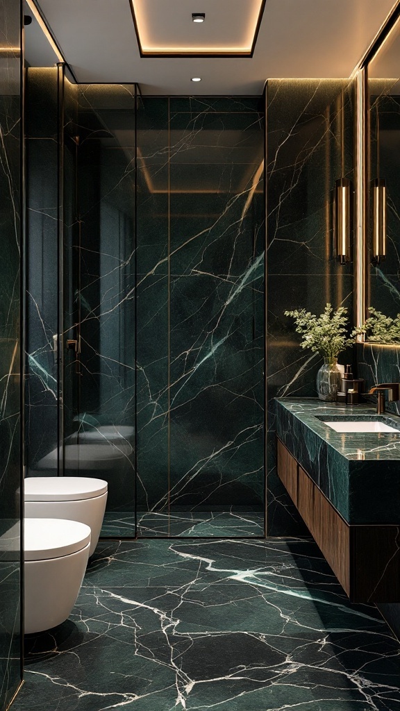 A modern green and black bathroom featuring marble accents on the walls and floor