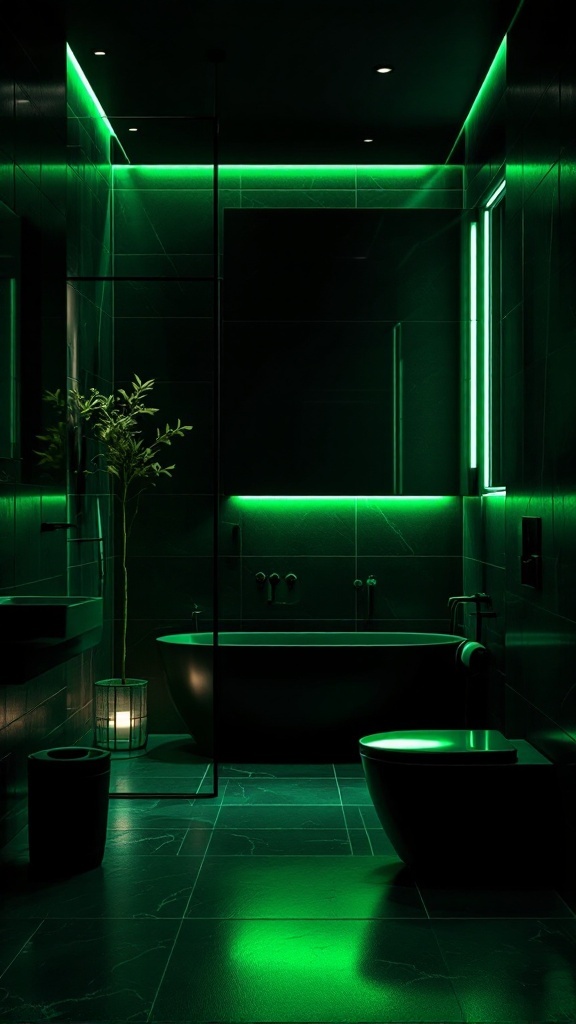 A modern bathroom featuring green ambient lighting and black tiles, showcasing a stylish tub and decorative plants.