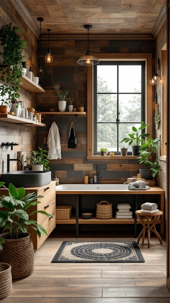 A beautifully designed bathroom featuring natural wood elements with green and black accents.