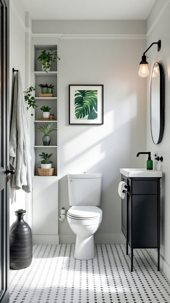 Stylish green and black bathroom with modern storage solutions