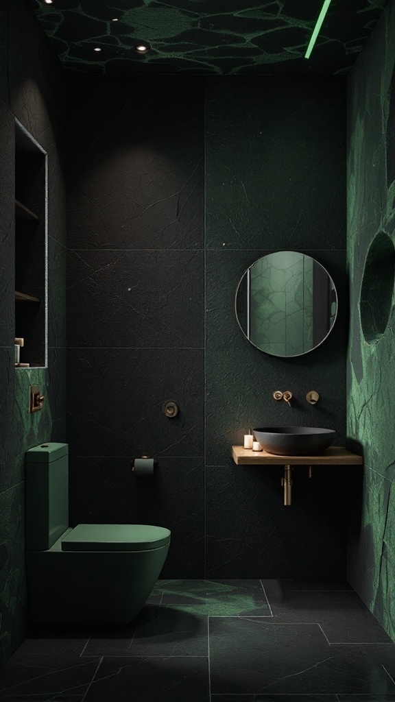 A modern bathroom with textured black walls and green accents.