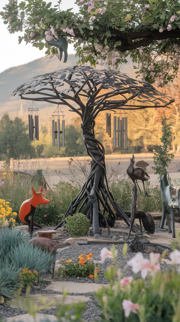 A whimsical tree sculpture with wind chimes surrounded by colorful animal figures in a garden.