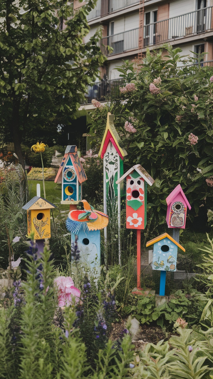 A collection of colorful decorative birdhouses in a garden setting.