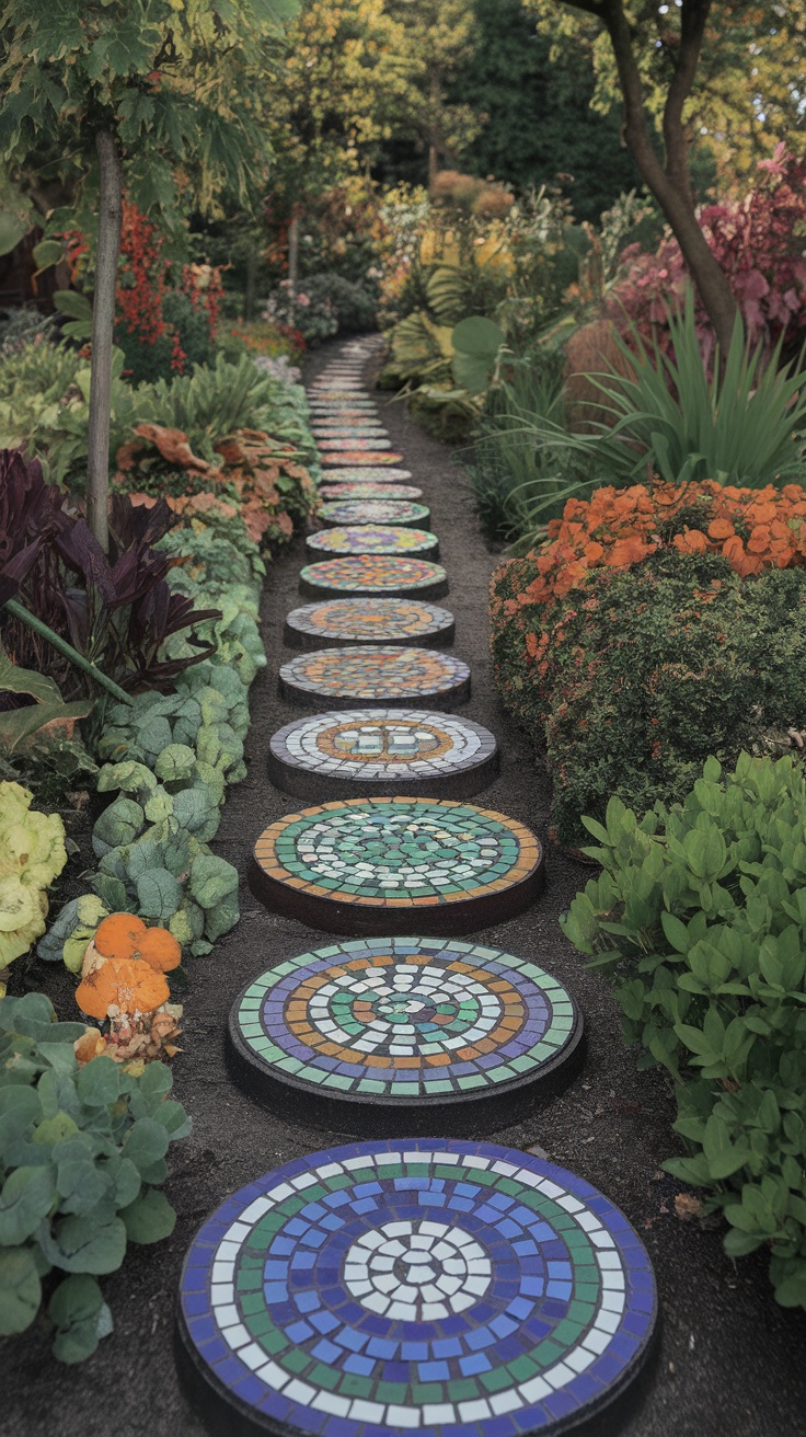 Colorful mosaic stepping stones in a garden path surrounded by flowers and greenery.