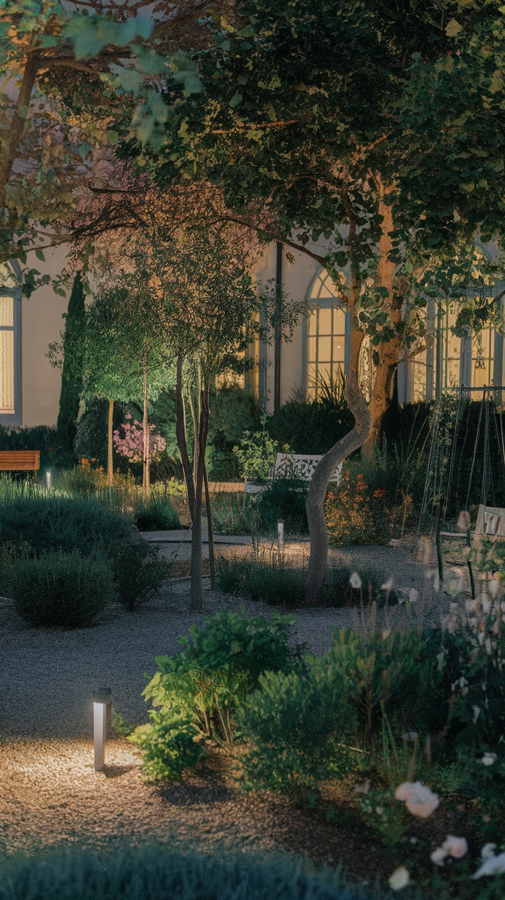 A beautifully lit garden at night with trees and flowers illuminated