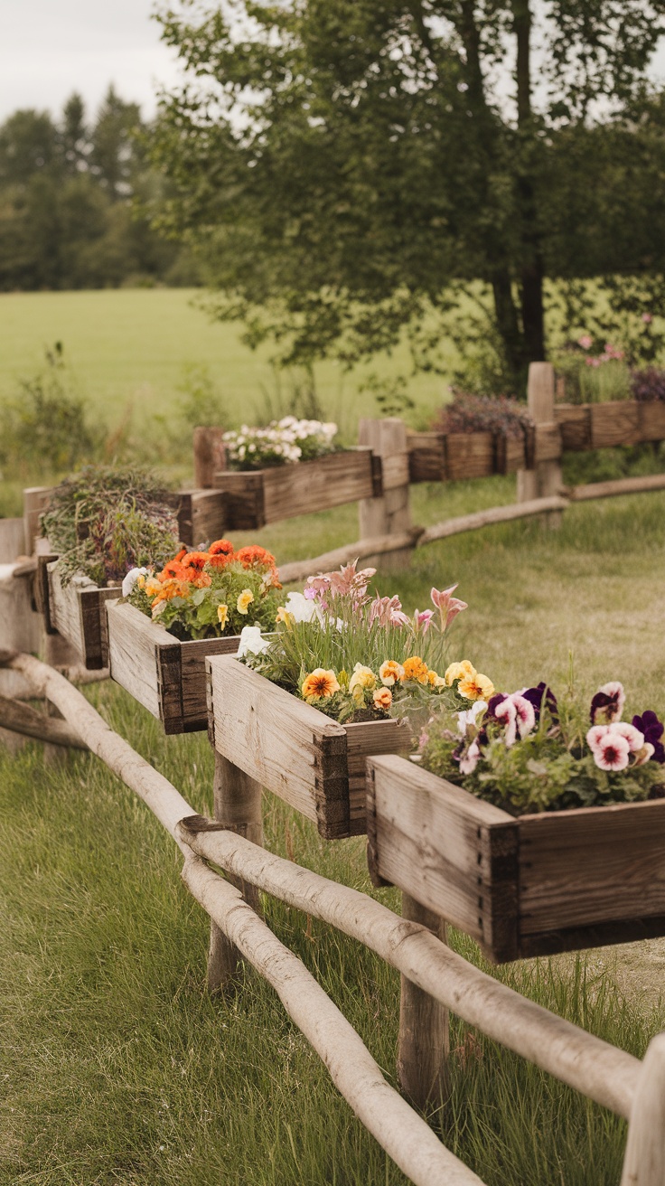 A row of rustic wooden planters filled with colorful flowers.