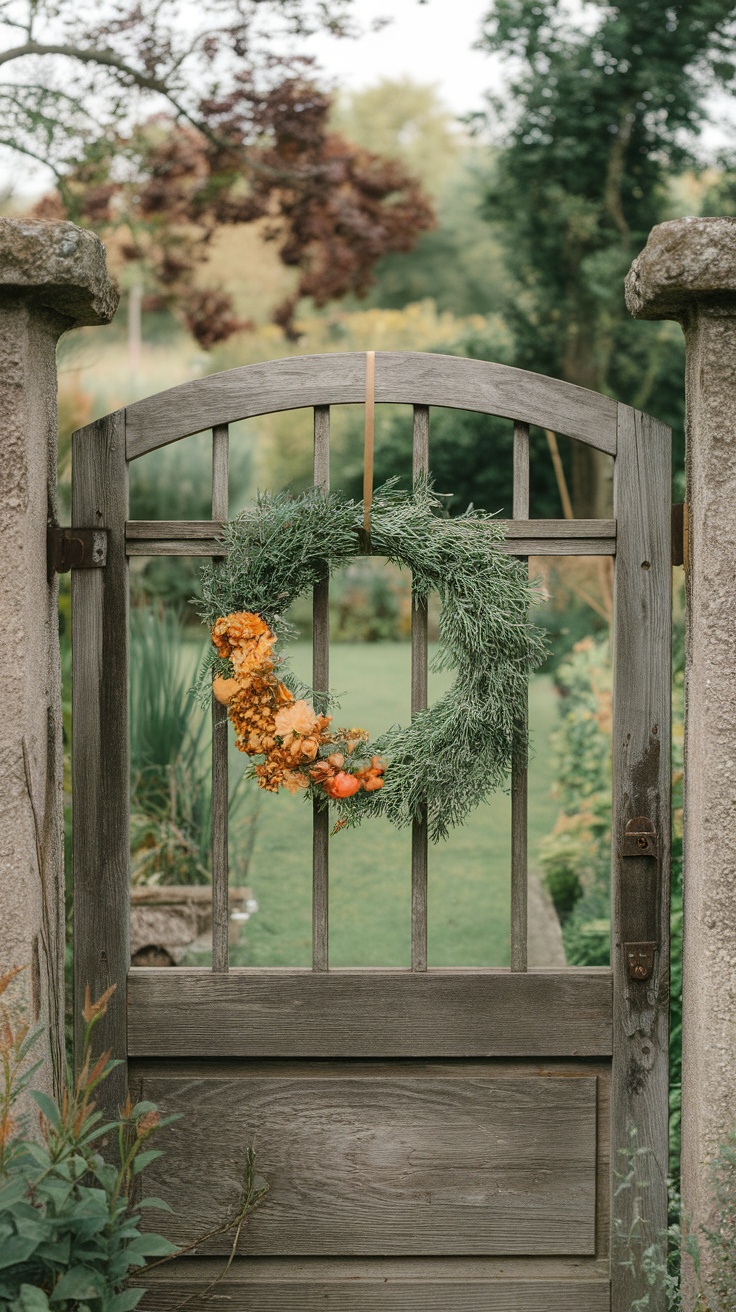 A wooden garden gate adorned with a seasonal wreath made of greenery and dried flowers.