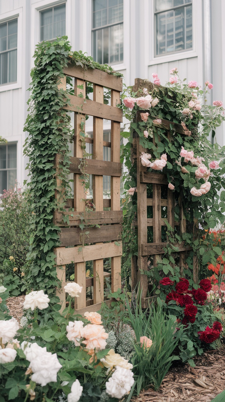 Two wooden trellises covered in climbing plants and flowers in a garden.