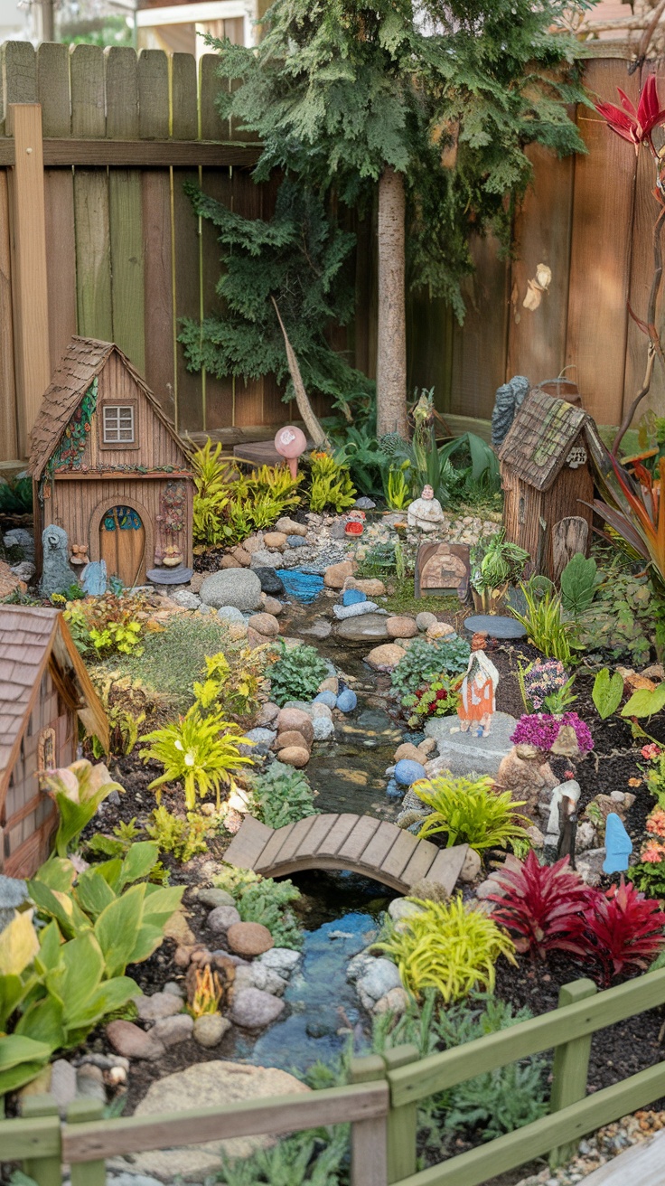 A whimsical fairy garden featuring miniature houses, a small bridge, and colorful plants.