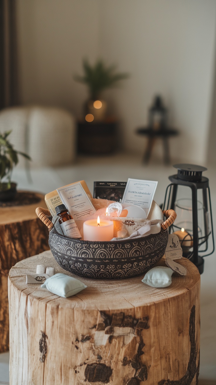 A beautifully arranged artisan candle and fragrance basket on a wooden table.