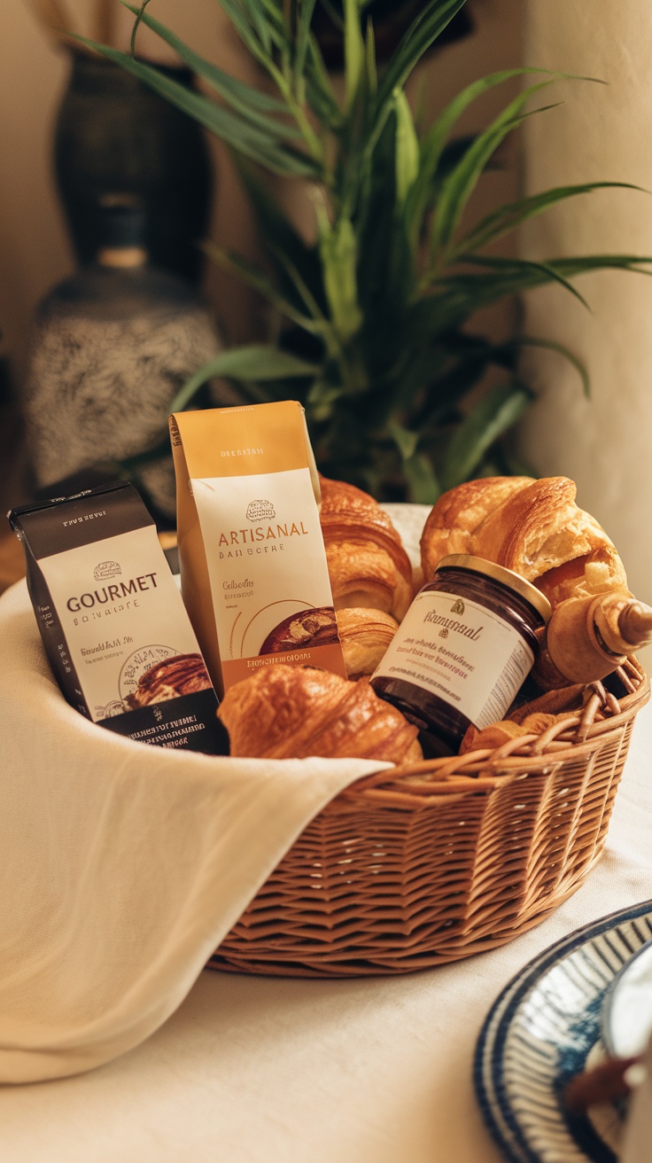 A basket filled with pastries, two types of coffee, and a jar of spread.