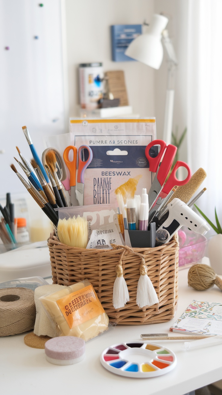 A basket filled with various crafting supplies like brushes, scissors, and paints.