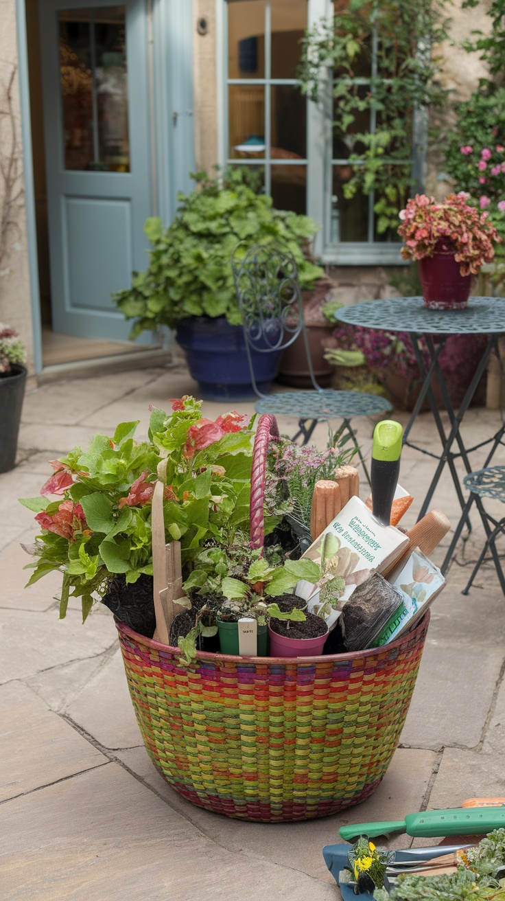 A colorful plant basket filled with various plants, gardening tools, and seeds, set in a garden space.