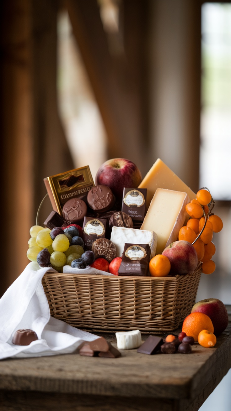 A beautifully arranged gourmet treats basket filled with chocolates, cheeses, and fresh fruits.