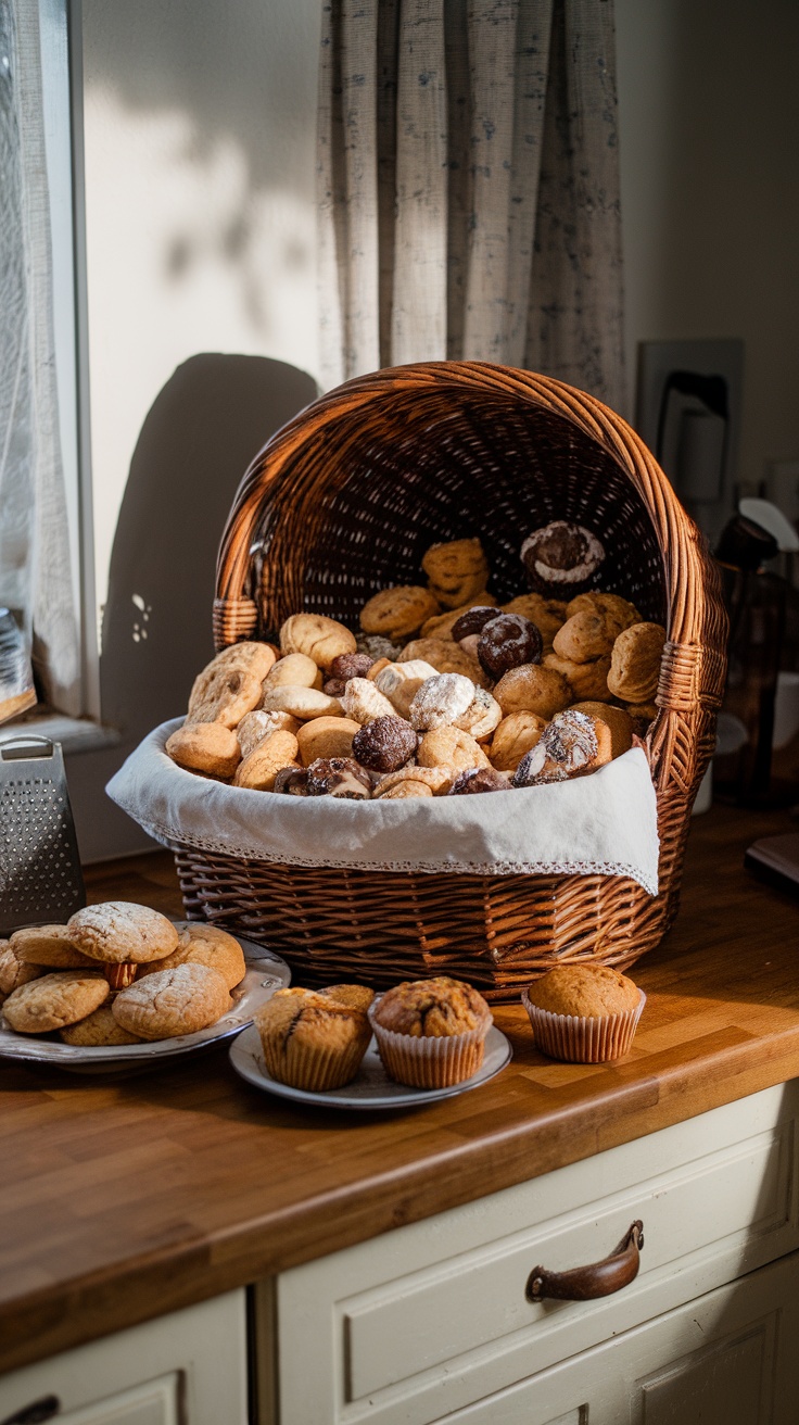 A basket overflowing with assorted baked goods including cookies and muffins.