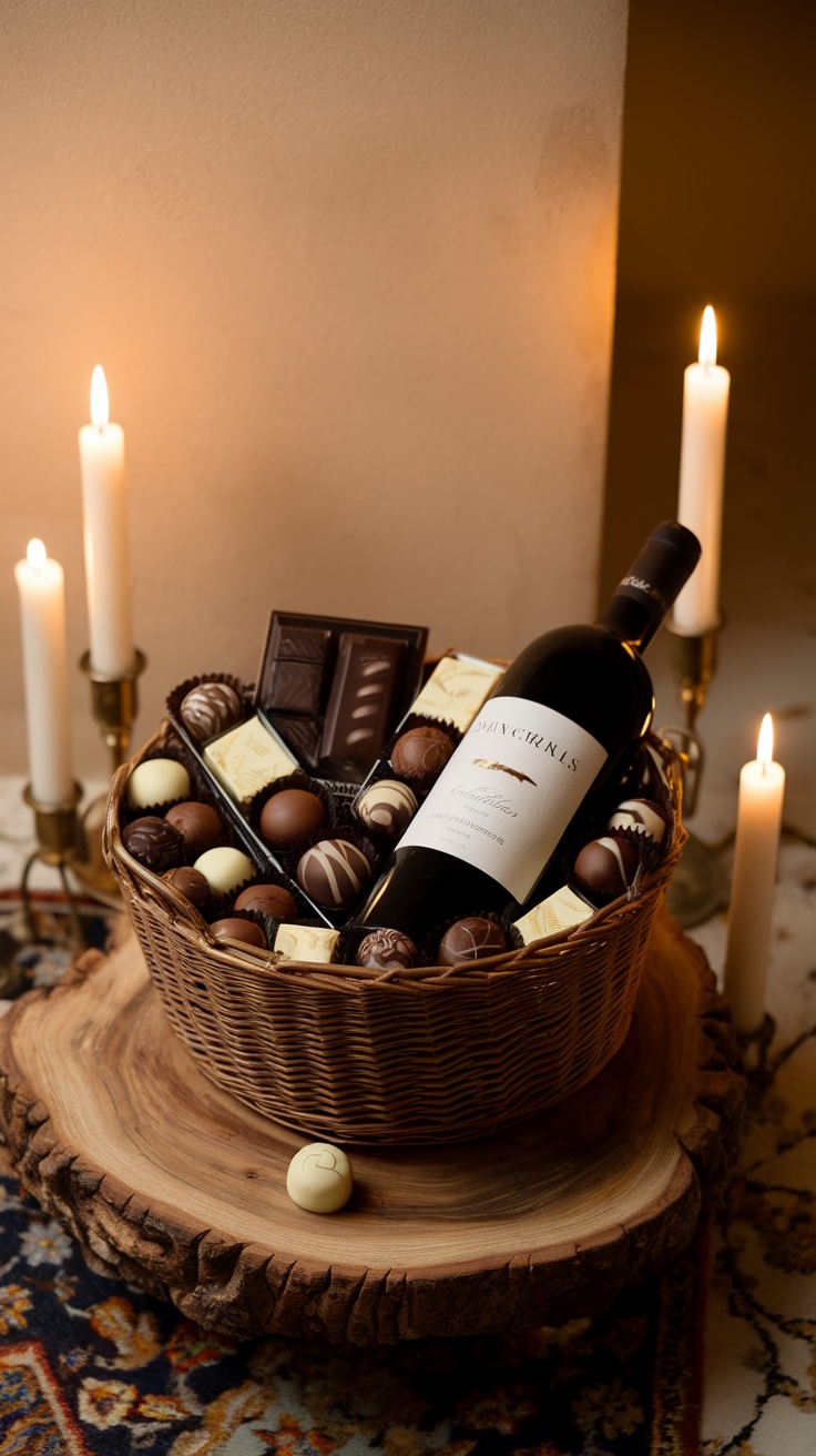 A beautifully arranged basket with chocolates and a bottle of wine, surrounded by candles.