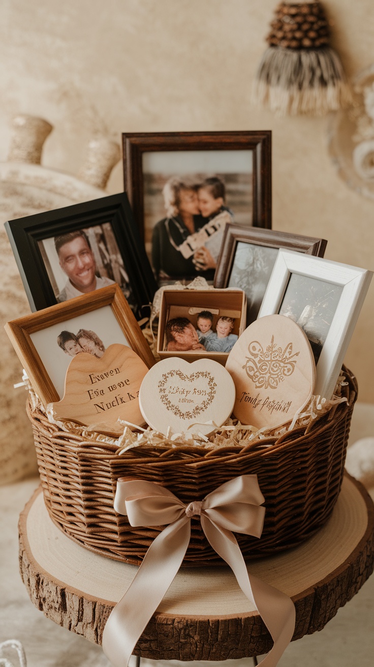 A beautifully arranged gift basket featuring framed photographs and wooden keepsakes.