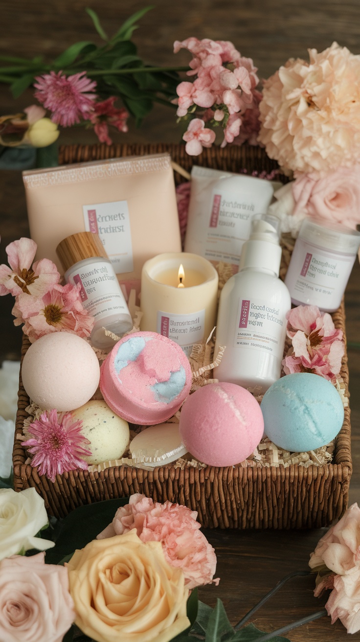 A beautifully arranged spa day gift basket featuring bath bombs, lotions, and a candle surrounded by flowers.