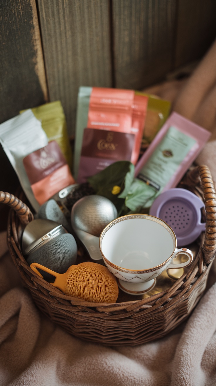 A beautifully arranged basket containing various tea blends, tea accessories, and a delicate tea cup, perfect for a tea lover.