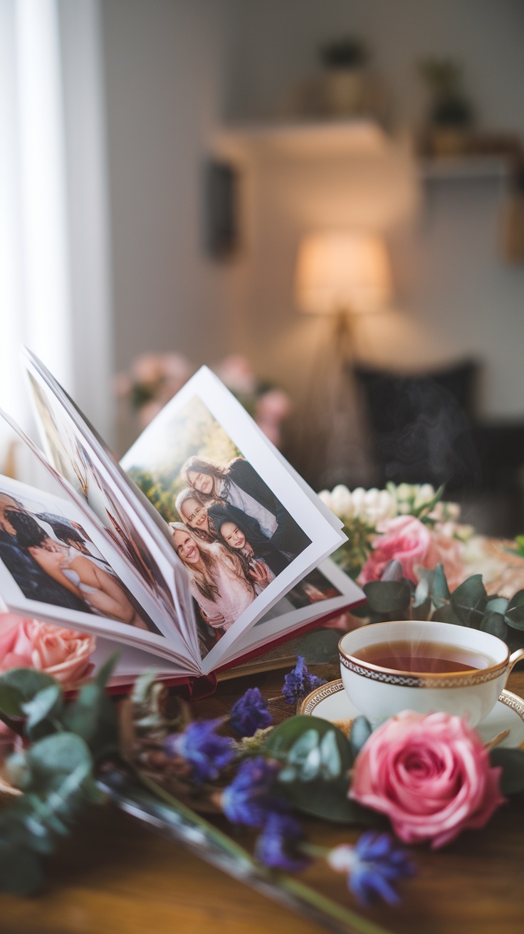 A cozy scene featuring a customized photo book surrounded by flowers and a cup of tea.