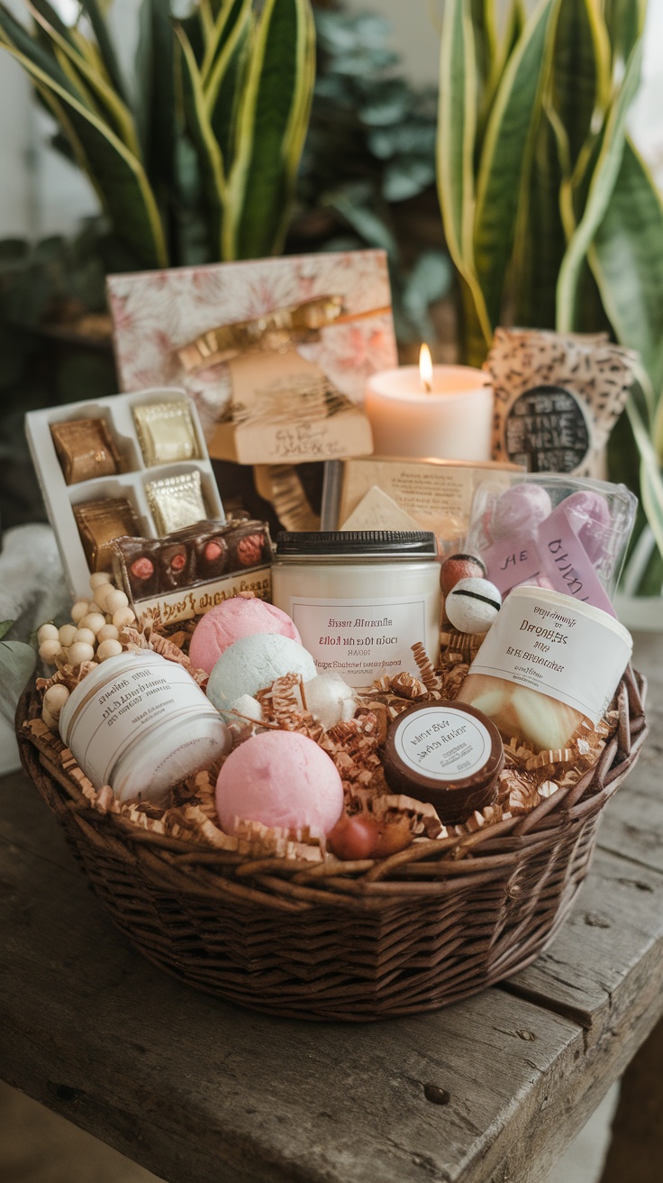 A beautifully arranged DIY gift basket filled with various products like candles, bath bombs, chocolates, and skincare items.