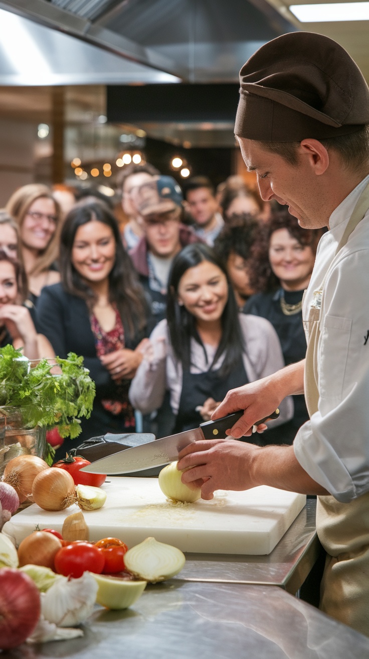 People watching a chef preparing food in a cooking class.