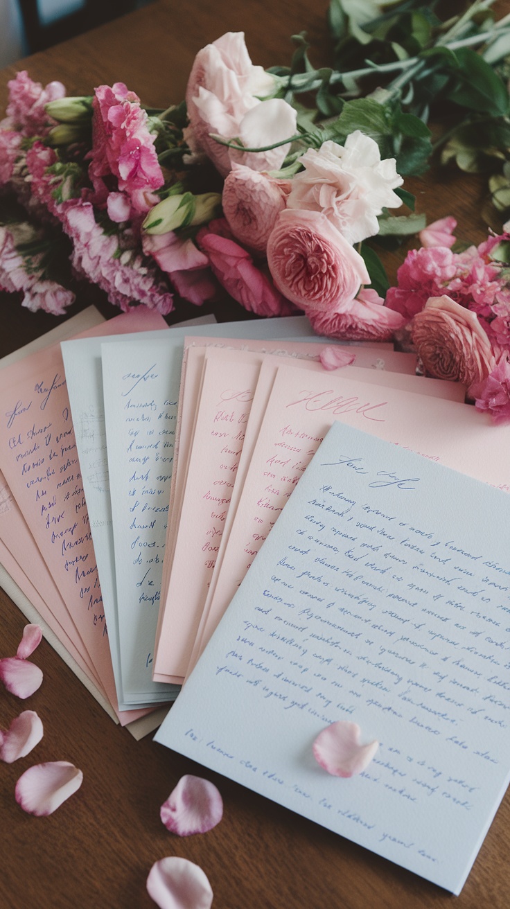 A collection of handwritten letters in soft colors with pink flowers.