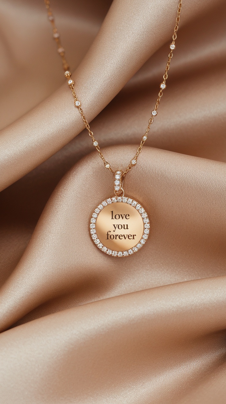 A gold necklace with a pendant that says 'love you forever' surrounded by sparkling stones.