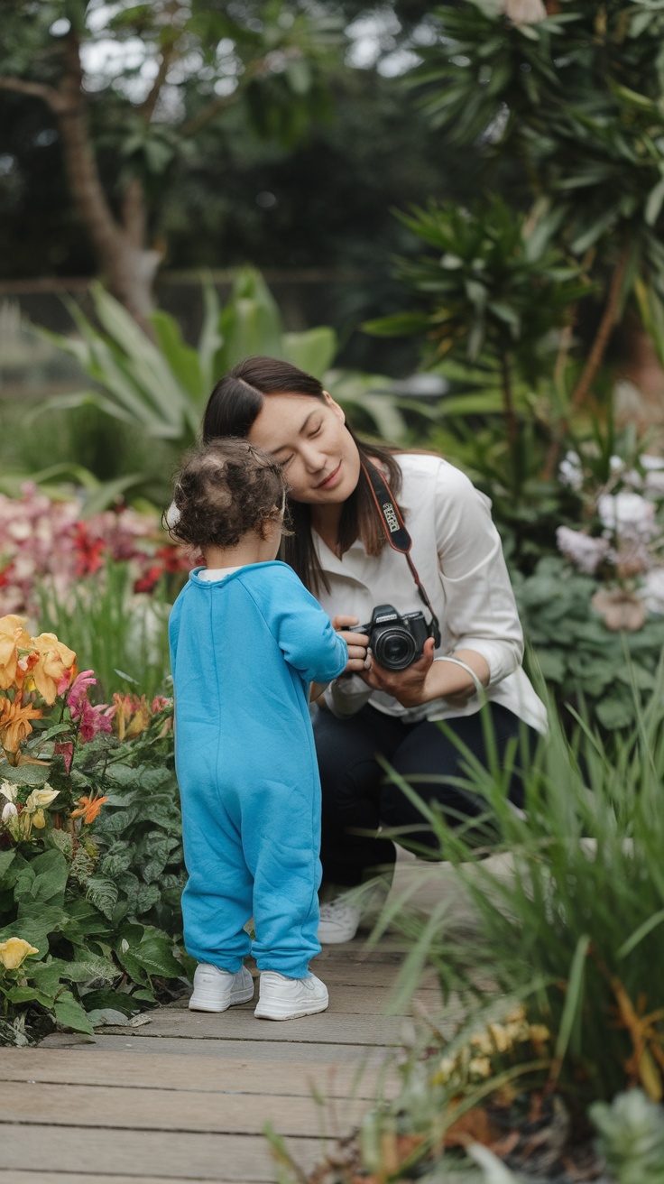 A mother and child enjoying time together in a garden, taking photos.