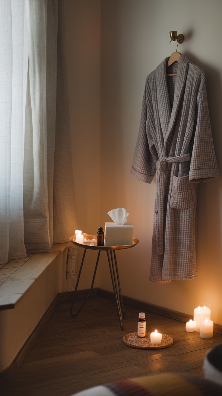 A cozy spa setting with candles, a robe, and essential oils.