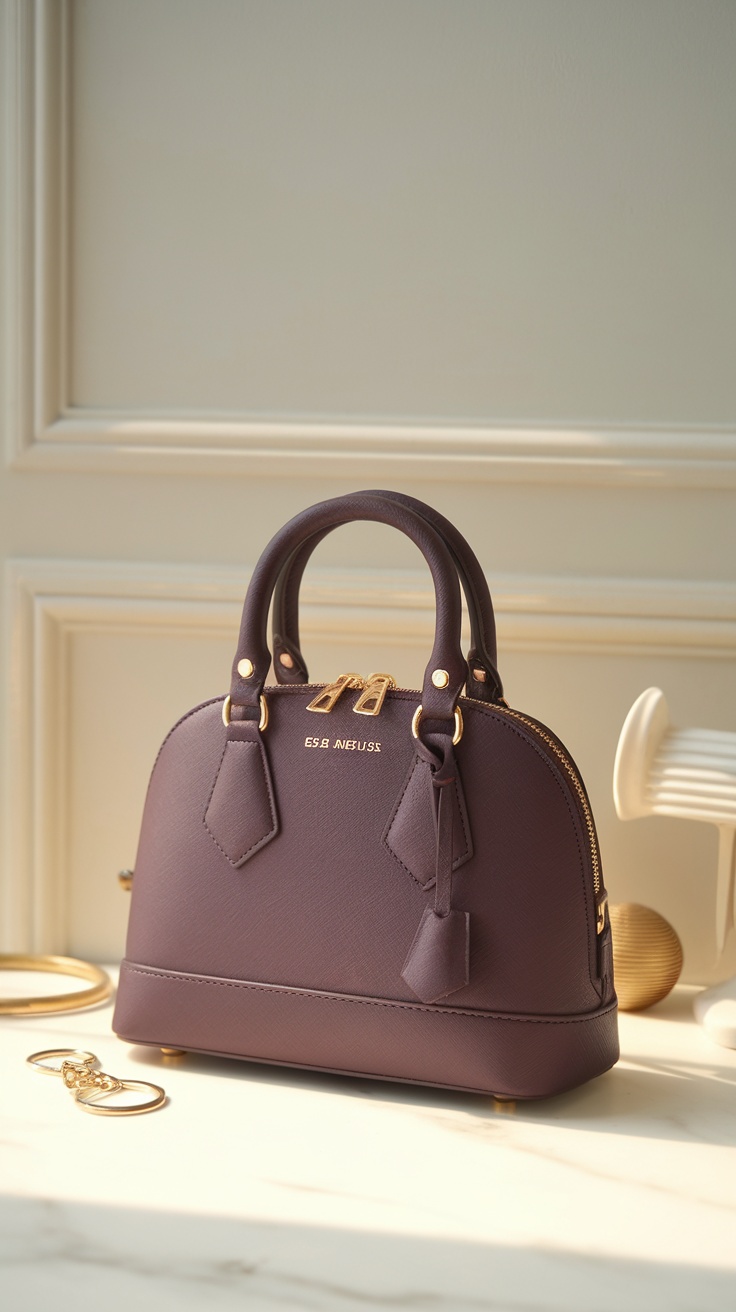 A stylish purple handbag with gold accents on a light background.