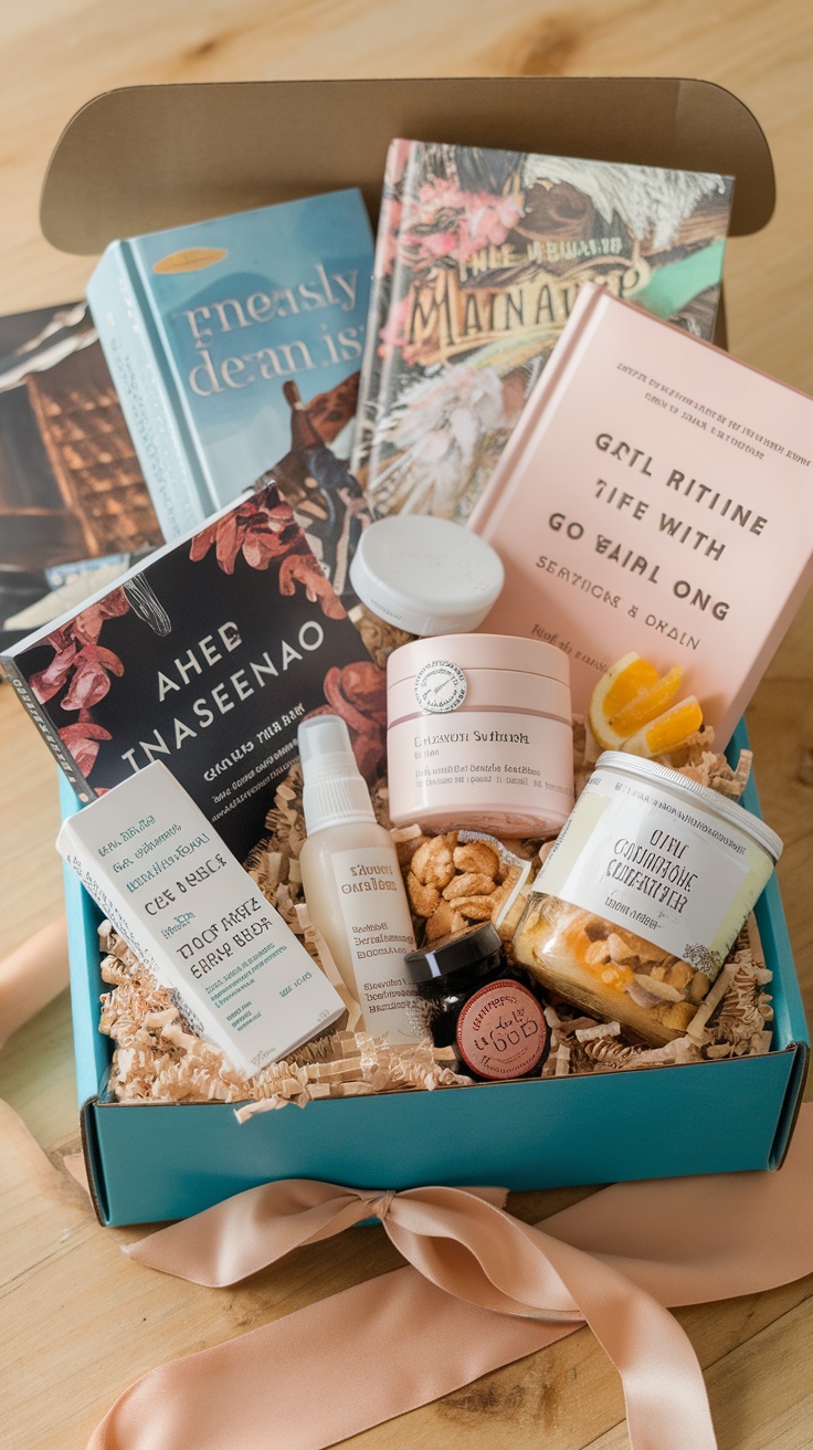 A colorful subscription box filled with books and skincare products.