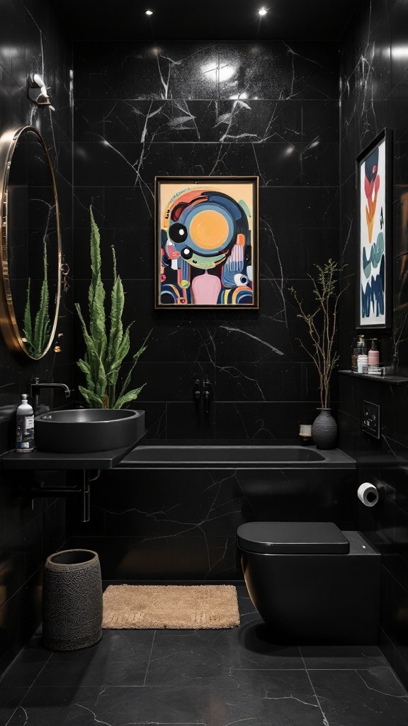 A modern black bathroom featuring vibrant artwork, plants, and stylish accessories.