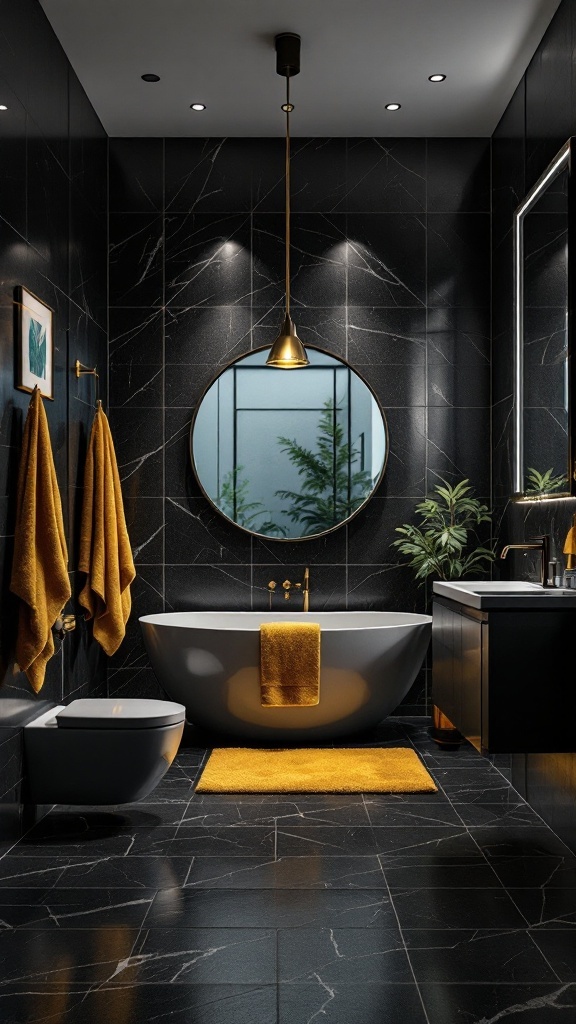 A modern black floor bathroom with yellow accents and plants.