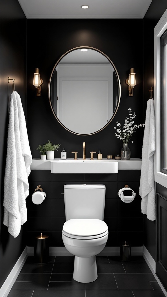 A modern black bathroom with white towels, a round mirror, and gold fixtures.