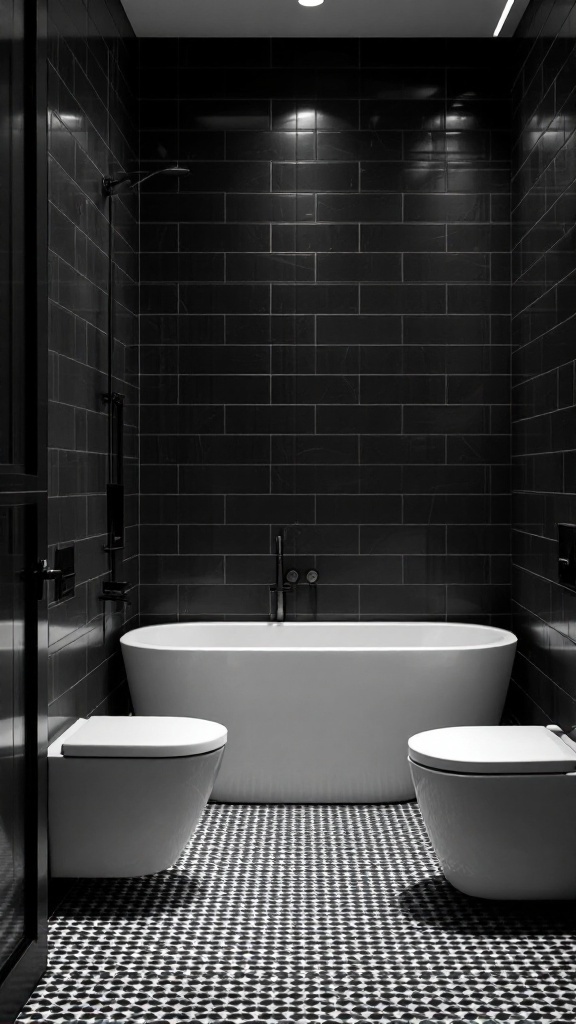 A modern black floor bathroom featuring black tiles on the walls, a patterned black and white floor, and white fixtures.