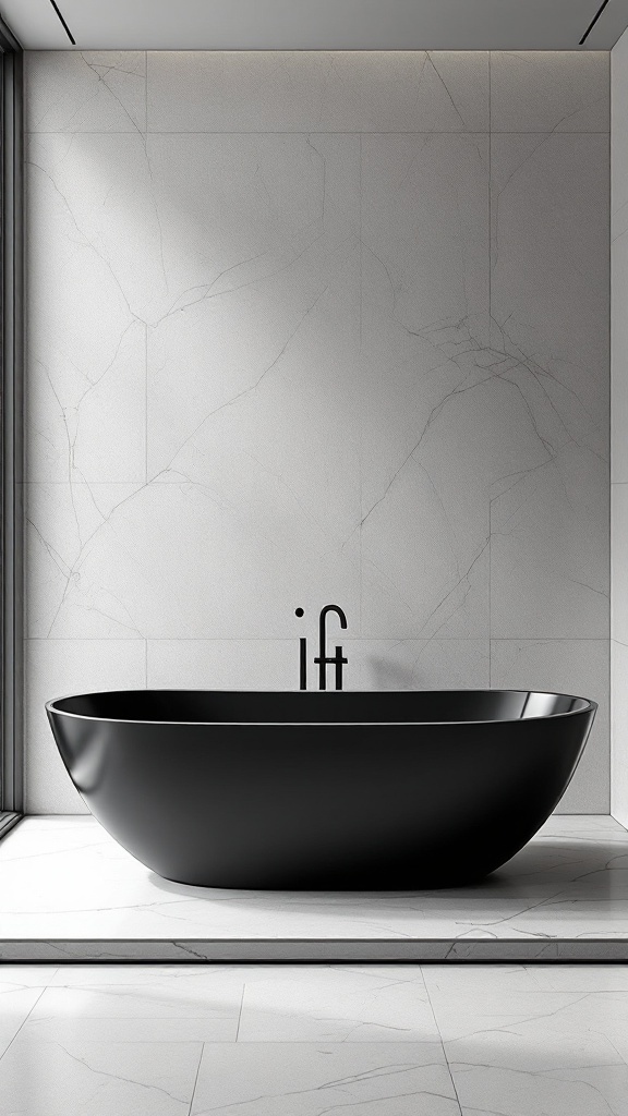 A sleek black bathtub against a white marble wall, creating a modern bathroom aesthetic