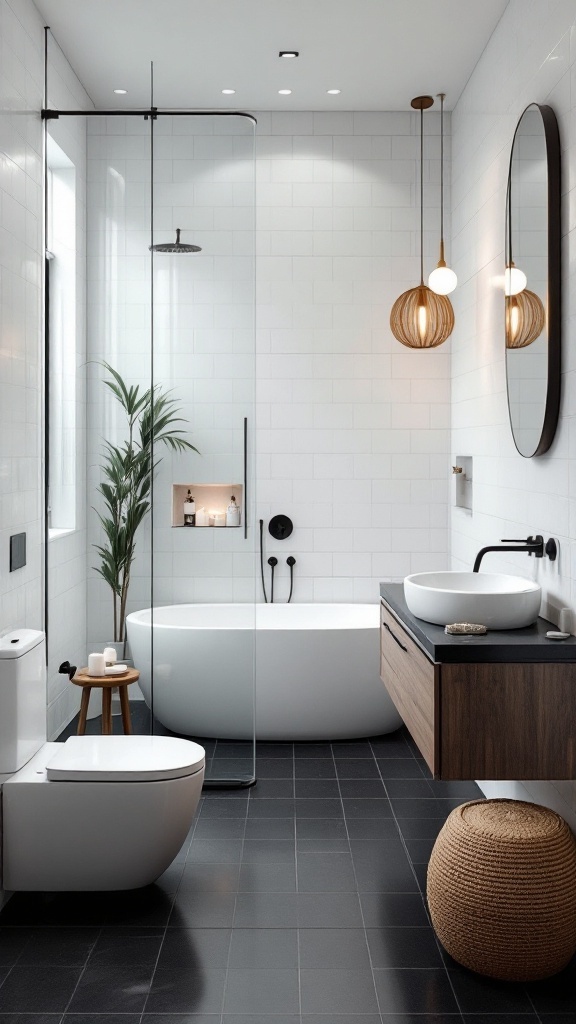 A modern bathroom featuring black floor tiles, a white bathtub, sink, and stylish lighting.