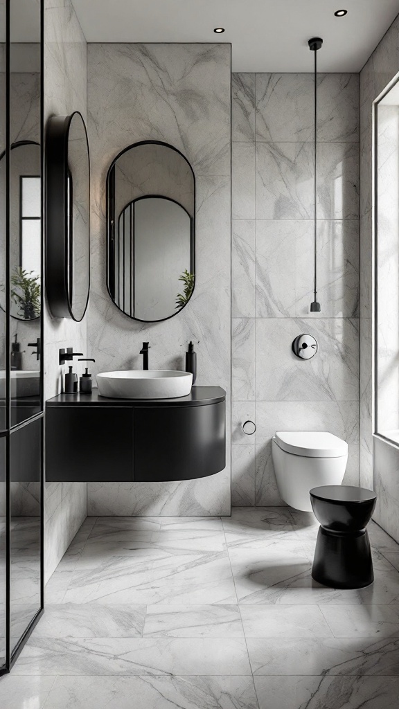 A modern black bathroom featuring a floating vanity, round sink, and sleek mirrors.