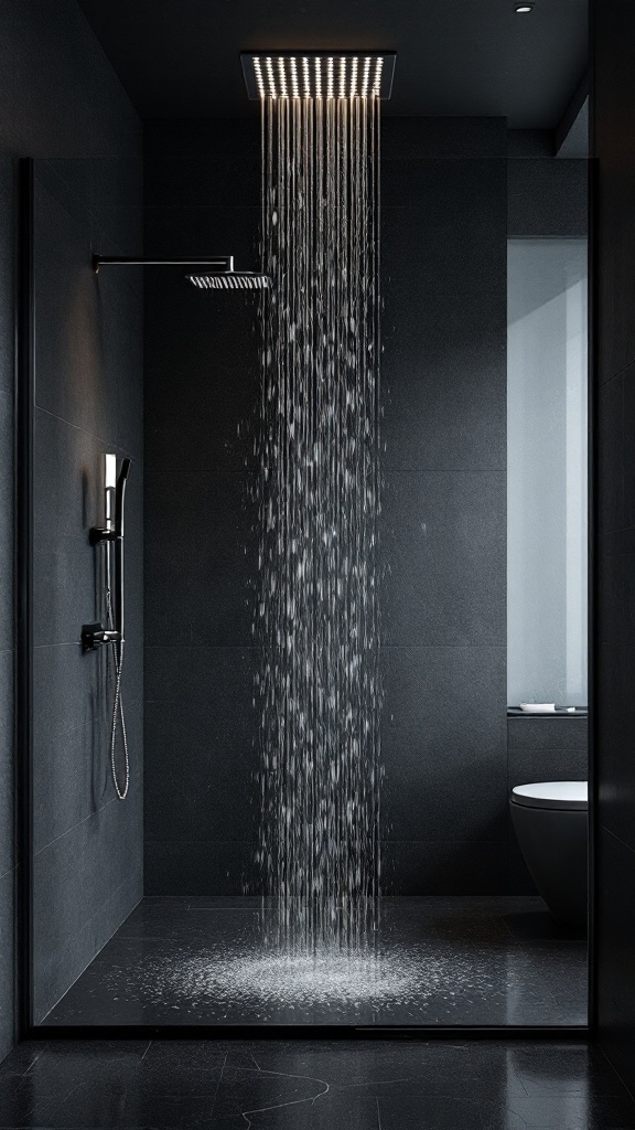 A frameless glass shower with a rainfall showerhead in a black-tiled bathroom